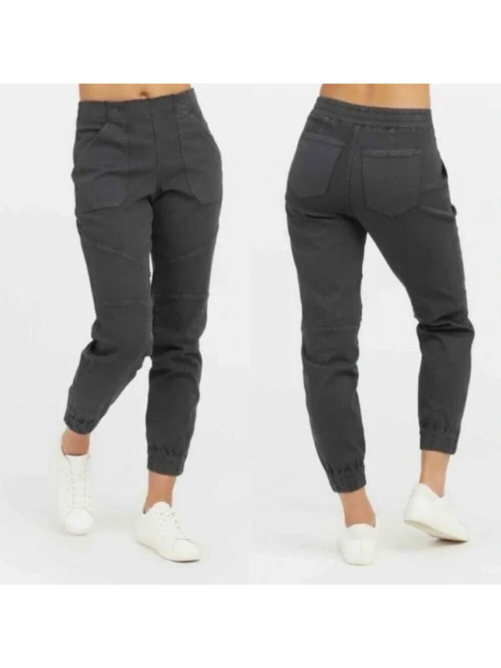 Spanx SMALL Cargo Jogger Pants Dark Gray Stretch Twill Zipper